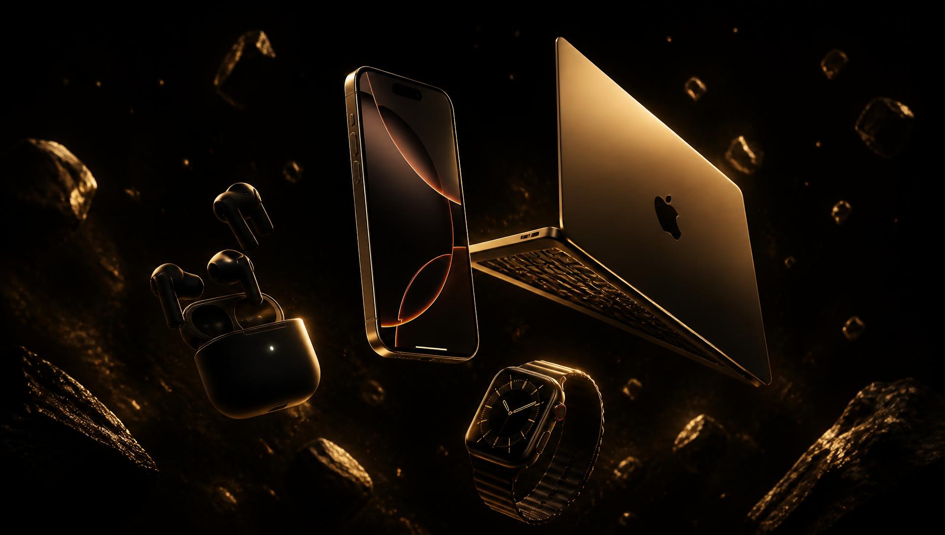 Premium electronics floating in cinematic gold light